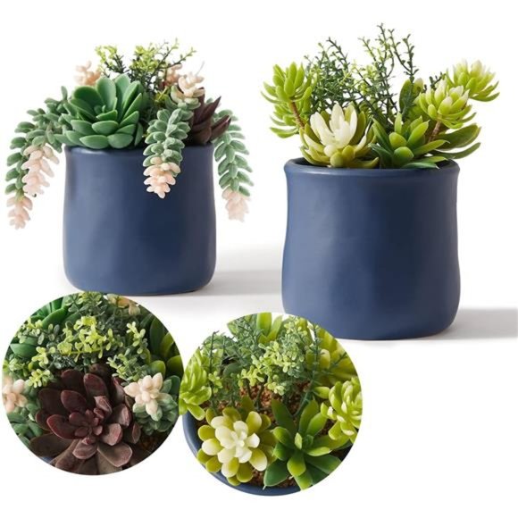 Artificial Succulent in Ceramic Pots, 2 Packs Large Faux Fake Plants Navy Blue - Picture 3 of 6